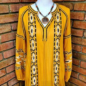 COPY - Dress. Mustard Yellow. Black & White Embroidery. Blu Pepper Brand.